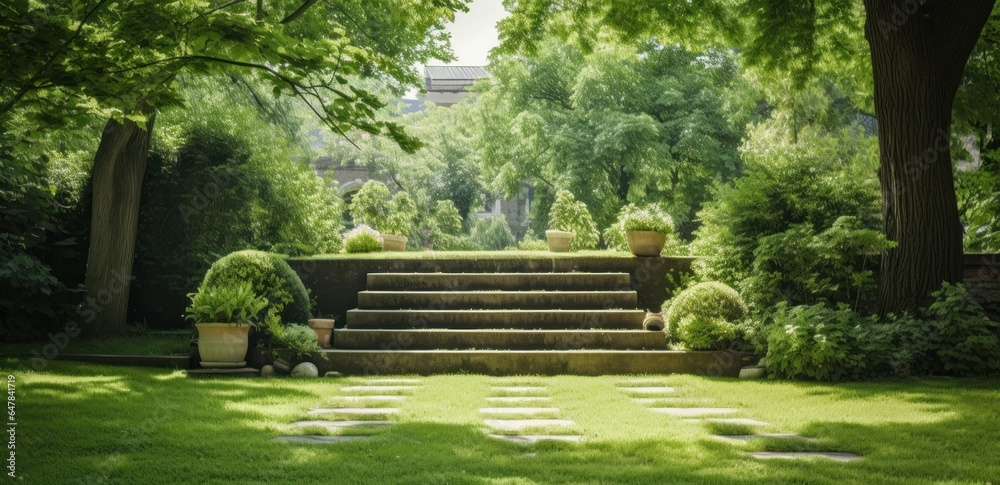 A green lawn with stairs in the middle