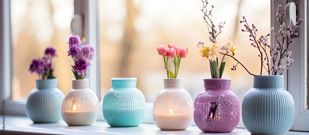 Pastel ceramic jar and vase collection on a sill