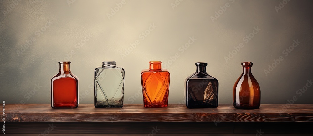 Four vases on a shelf in the room are brown and made of glass