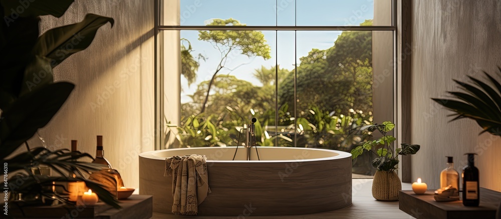 Luxurious and relaxing bathroom with natural elements like plants and candles promoting self care an