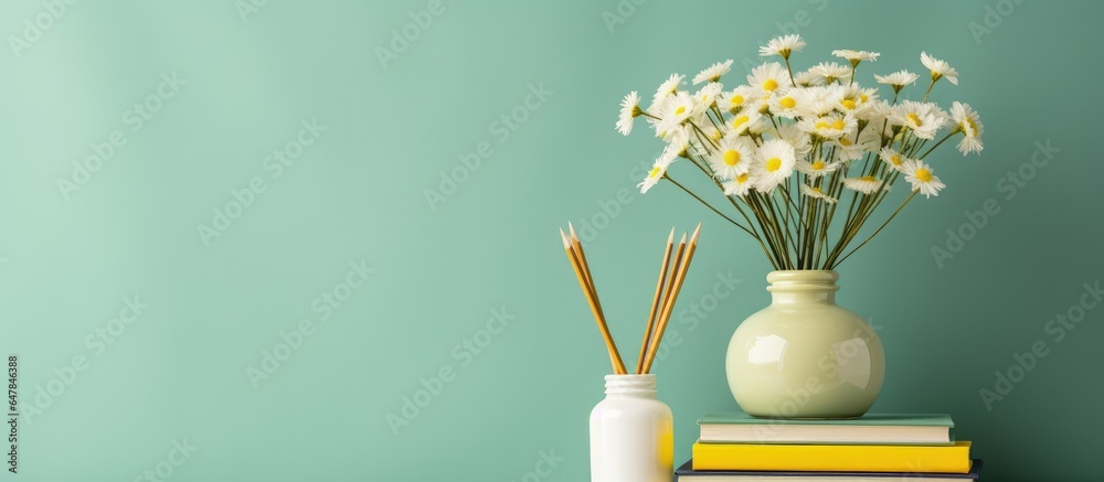 Items on table near colorful wall vase with chamomiles books reed diffuser