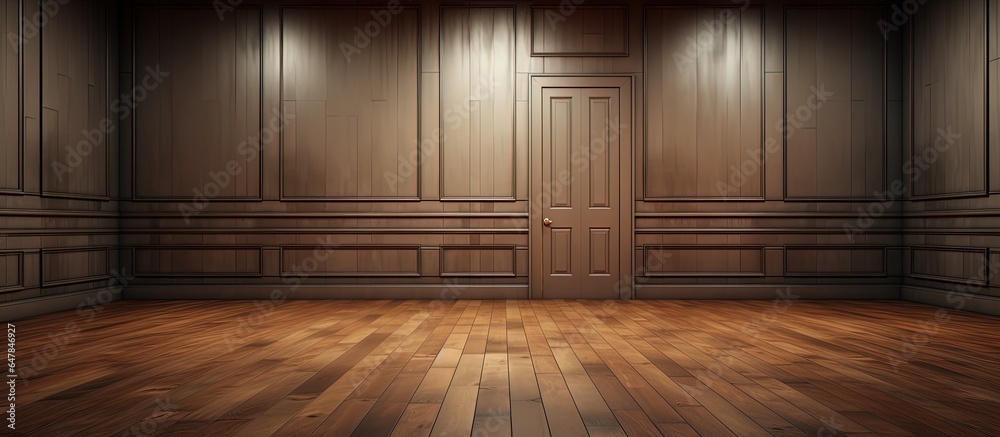 Front view of closed metal door on wooden floor