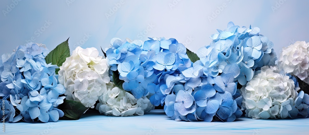 Hydrangea colored artificial flowers backdrop