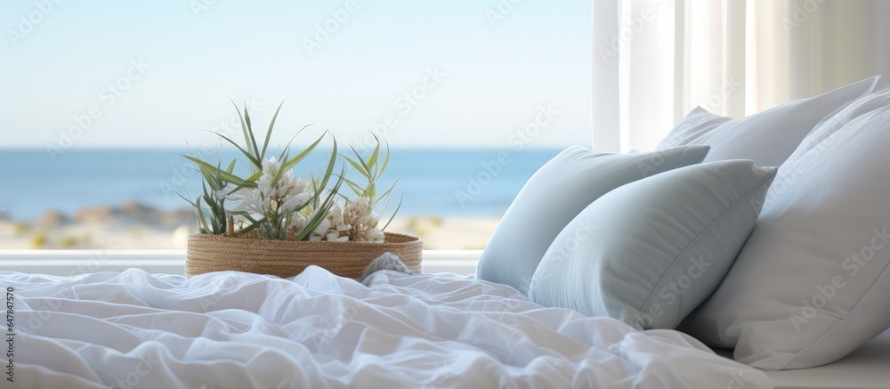 Morning sunlight shines on a white bed with blue linens inside a home or hotel