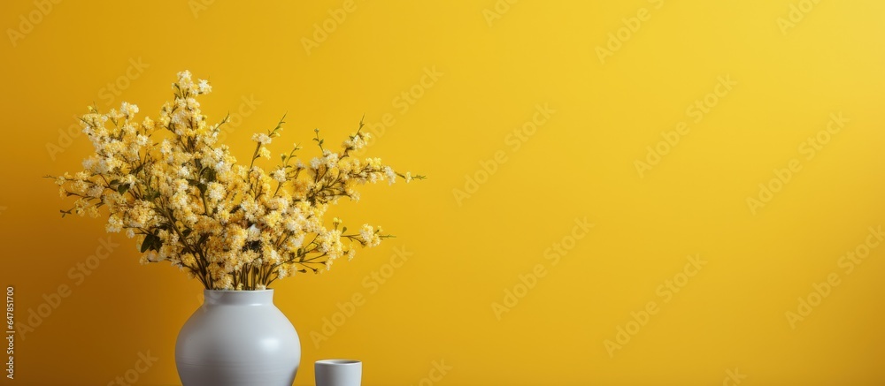 Floral arrangement by yellow wall