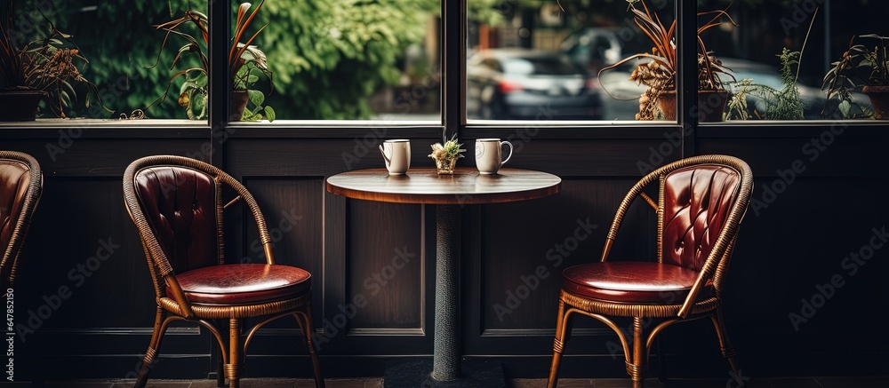 Interior of a small vintage cafe with empty tables and chairs