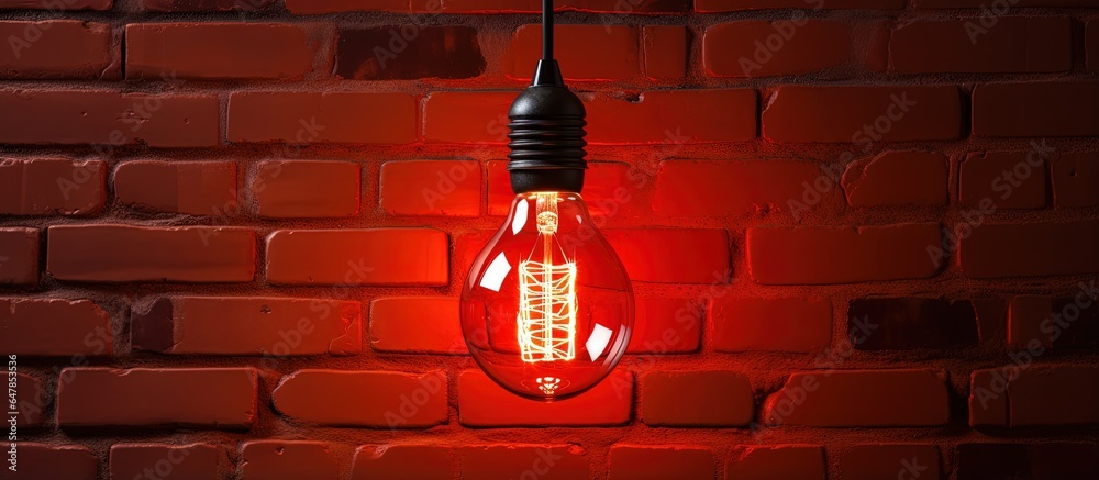 Energy saving red brick wall background with tungsten filament incandescent bulb