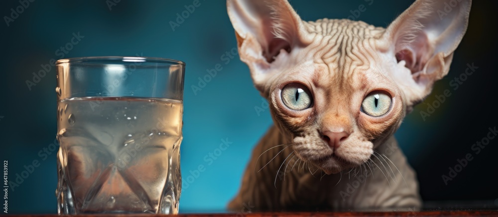 Devon Rex cat drinks from glass