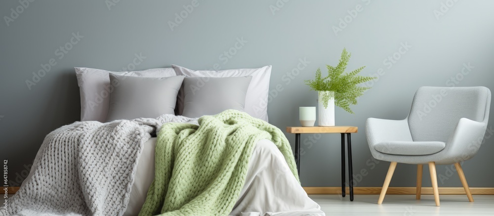 Grey bed with knit blanket near green wooden chair in bright bedroom interior at a downward angle