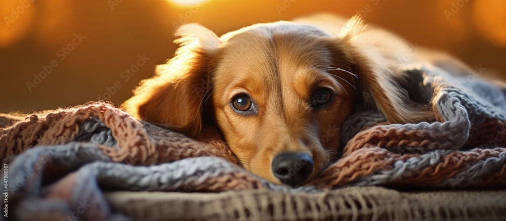 Dog resting on carpet at home covered by blanket