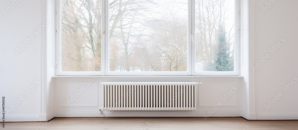 Empty light room at home with a white wall showcasing a plastic window and radiator