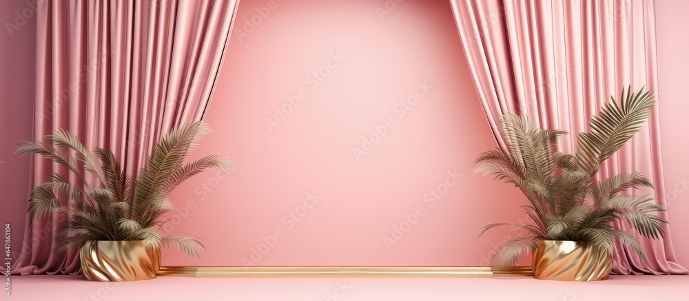 golden icon surrounded by plants on a pink backdrop with curtains secluded