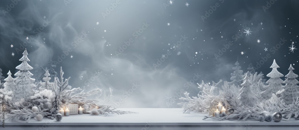 Gray Christmas tree with frost on a desk providing space for your product