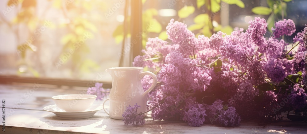 Purple flowers on a table in a vintage style cafe