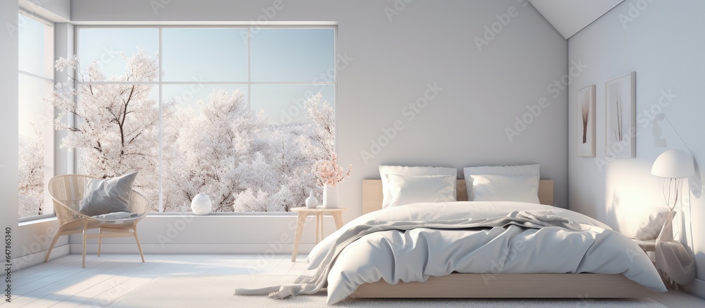 Minimalist Scandinavian bedroom with summer landscape in window for inspiration illustration