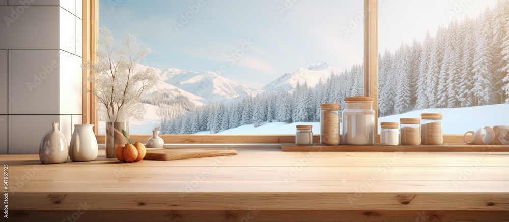 Kitchen interior with spacious table and large window