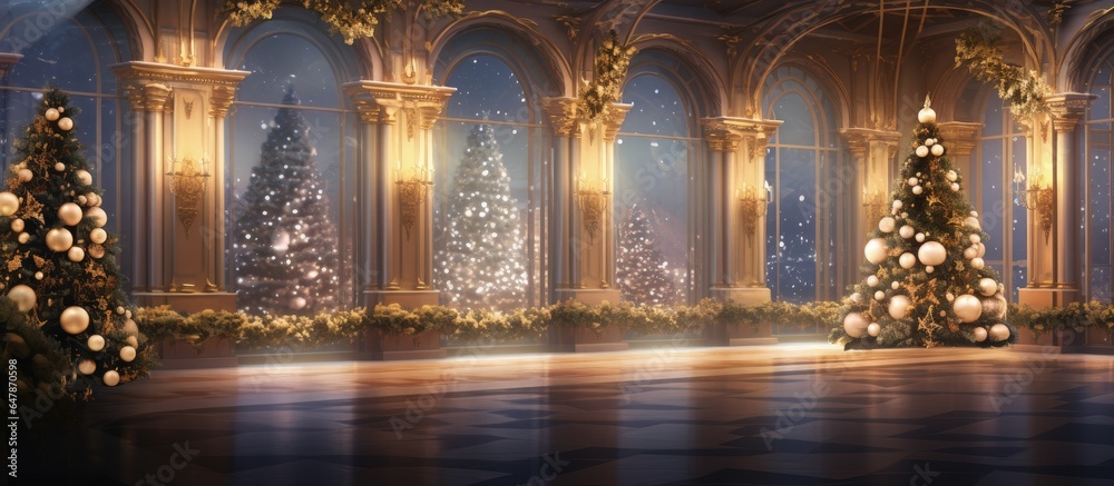 Festive Christmas interior in a grand palace with garlands Christmas tree and evening lights