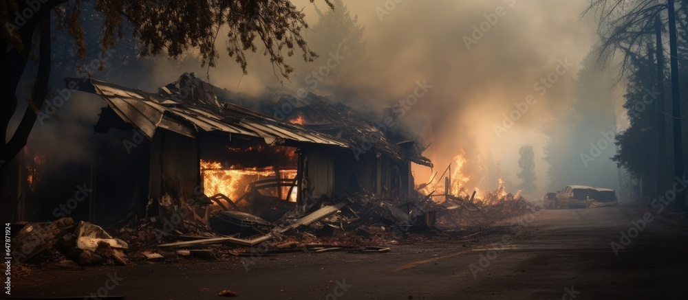 House destroyed and garage door collapsed from wildfire in Redding CA Smoke and ash fill the air whi