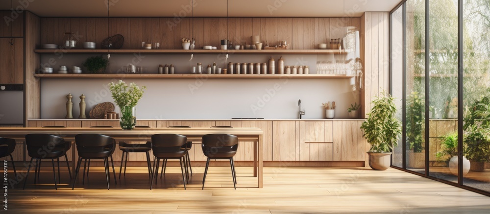 Interior design concept with a contemporary kitchen wooden dining table bamboo plant and parquet flo