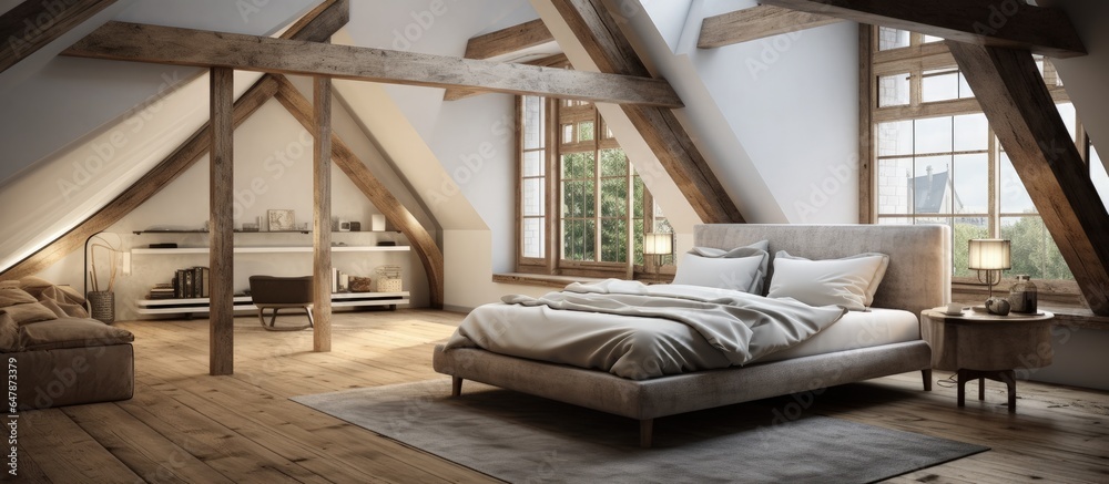 Modern bedroom in attic apartment with rustic wooden beams floors and furniture