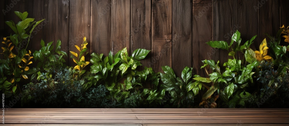 Leaves textured wall with wooden floor backdrop