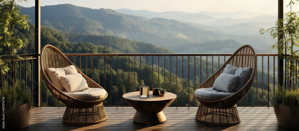 Contemporary design with stunning terrace view of forest Wicker furniture and lifestyle concept Inte