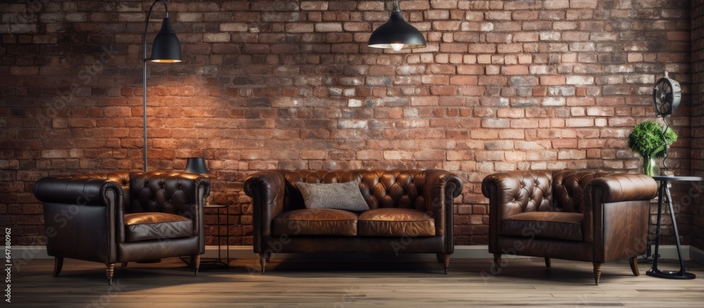 Leather sofas brick wall and wooden flooring in living room