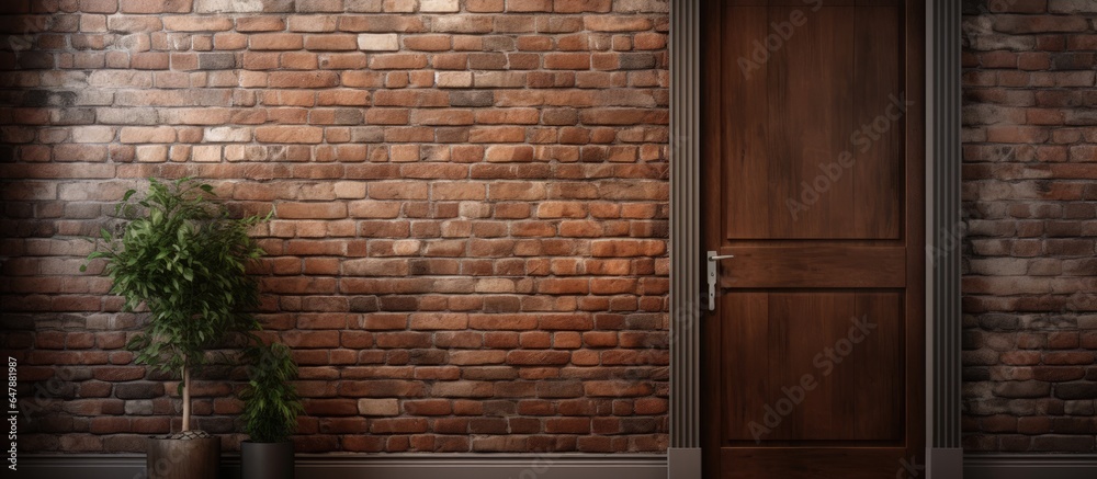 Contemporary entrance hall in a loft with a wooden door and brick wall