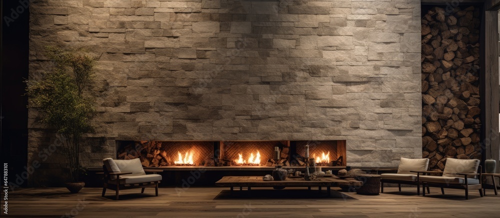 Grand hotel lobby with gleaming parquet floor and stone wall adorned by wall lamps and a roaring fir