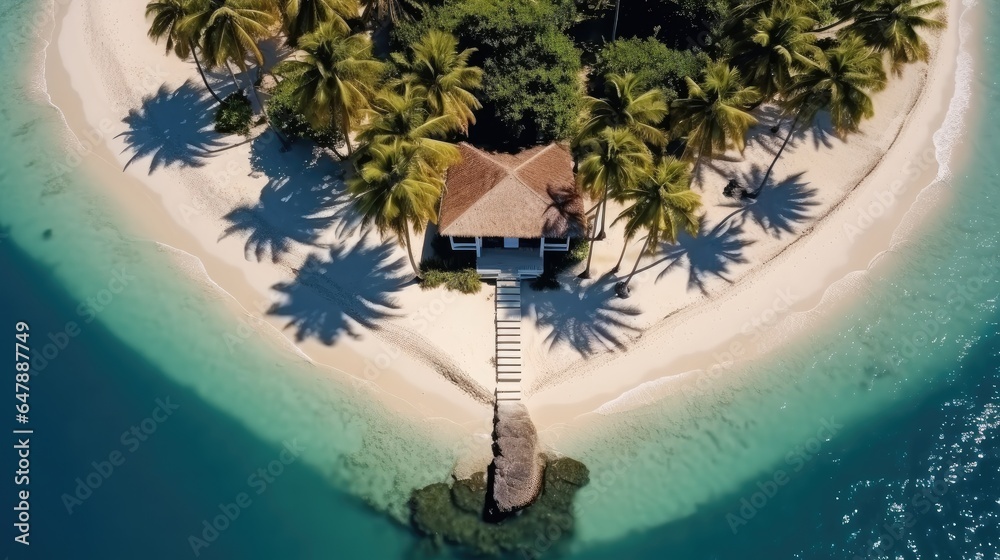 Bungalow on an amazing tropical island with white sand beach and coconut palm trees, Top view.