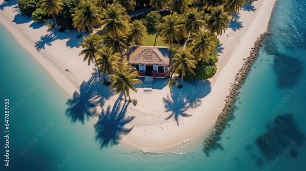 Bungalow on an amazing tropical island with white sand beach and coconut palm trees, Top view.