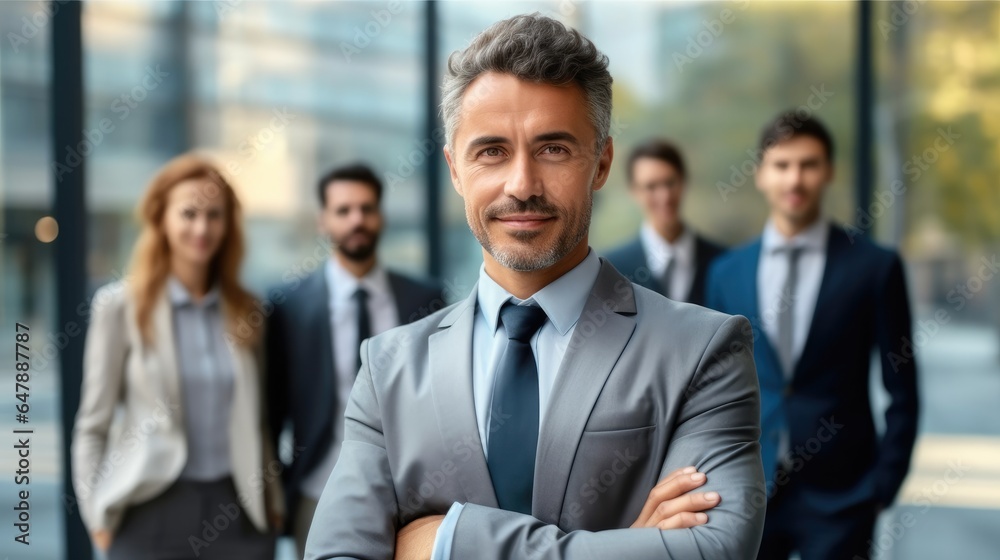 Middle aged business man CEO standing in office arms crossed, Confident professional executive manag