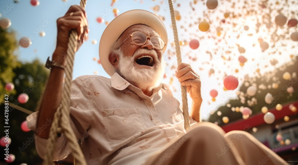 Happy elderly man has fun on the swing, Enjoy and happiness.