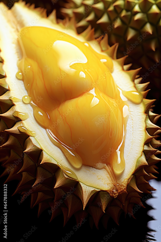 Hyper realistic juicy durian, Extreme close up, Juicy pulp.