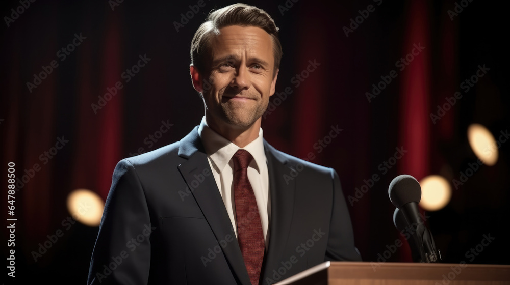 Businessman wearing a debate team members formal attire against a stage with a podium.