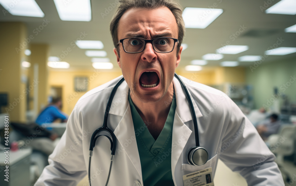 Man doctor angry in emergency department at hospital.