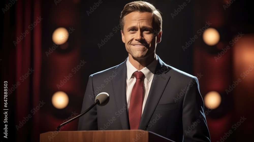 Businessman wearing a debate team members formal attire against a stage with a podium.