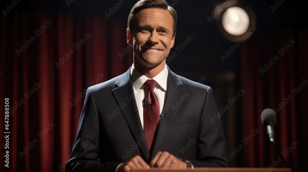 Businessman wearing a debate team members formal attire against a stage with a podium.