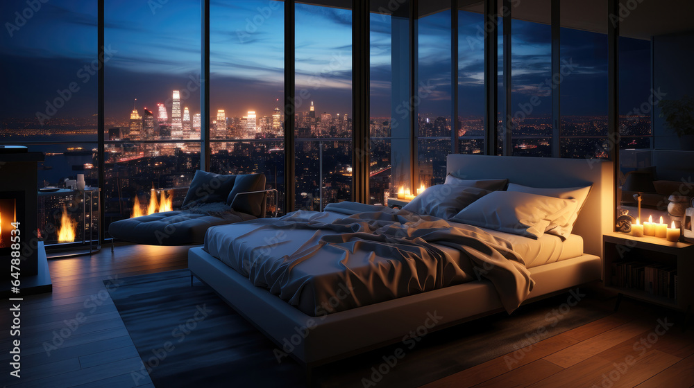 Master bedroom apartment at city night in fresh style.