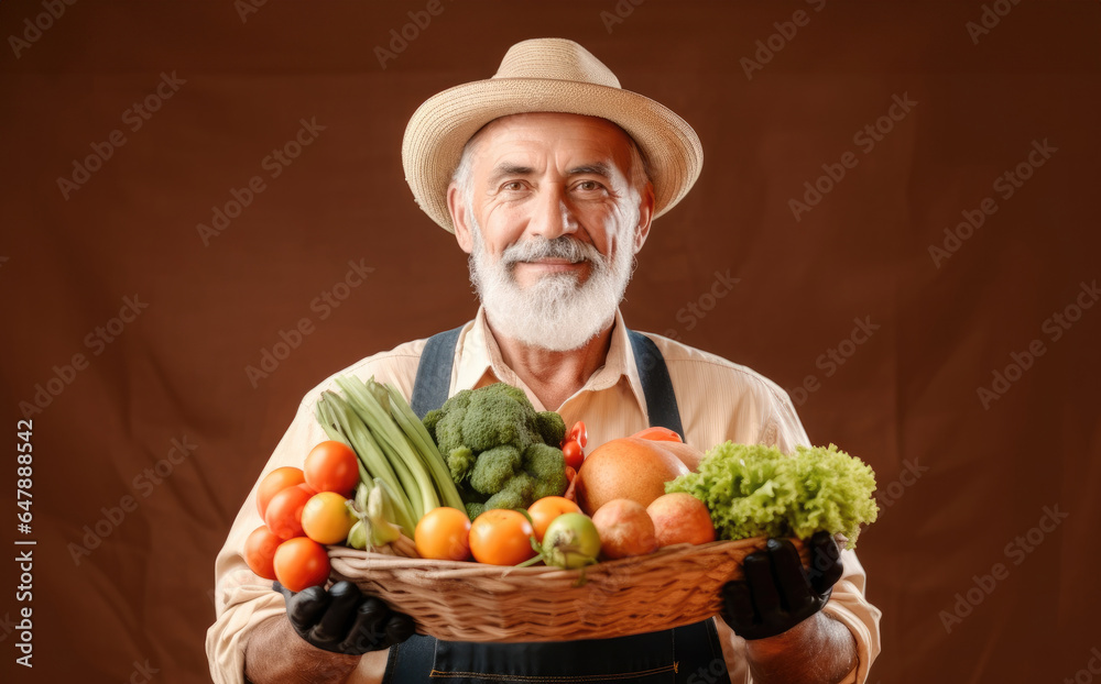 Mature male farmer with wooden box full vegetables on orange background.