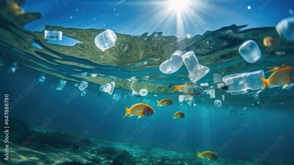 Ocean pollution, Plastic bottle floating in sea, Environmental conservation and ecology concept.