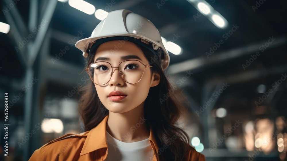 Portrait of Asian female engineer wear safety helmet in warehouse.