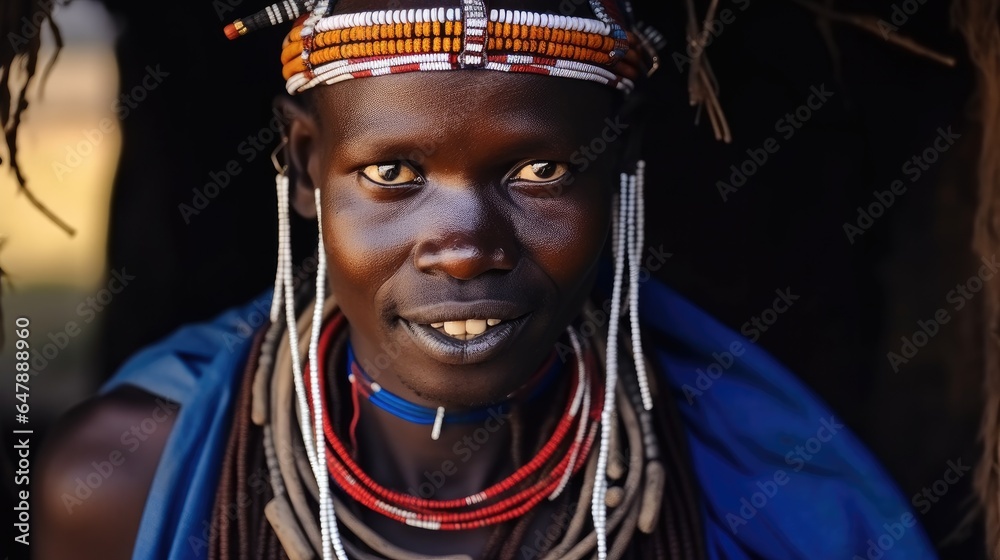 Portrait of Maasai mara man with traditional colorful necklace, Tribe, Ancient tribe.