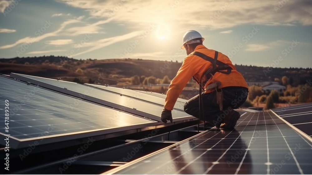 Solar power engineer installing solar panels on roof.