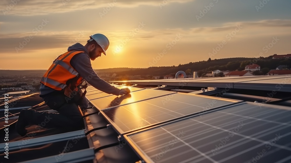 Solar power engineer installing solar panels on roof.