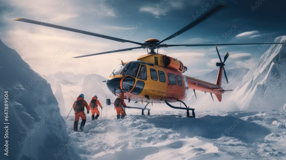 Rescue helicopter rescues climbers on snow trapped.