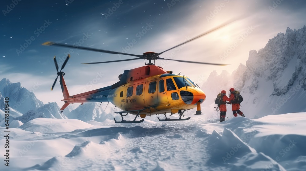 Rescue helicopter rescues climbers on snow trapped.