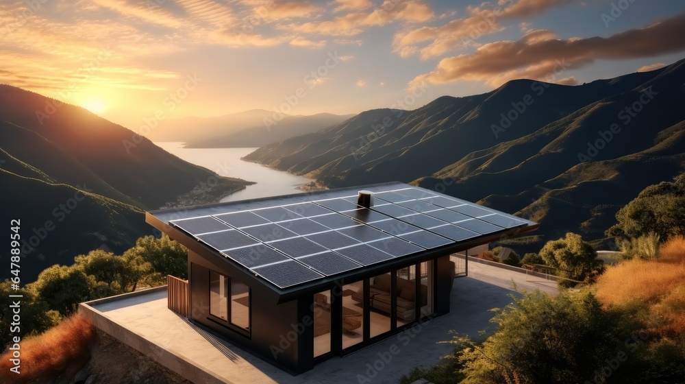 Home with rooftop solar panel system set on mountainous.