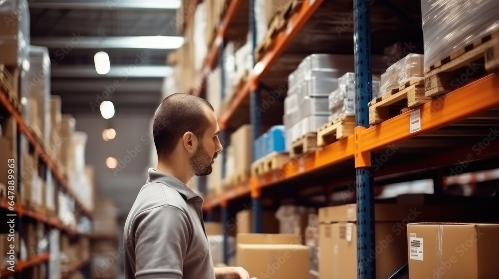 Warehouse worker carrying boxes turns back and forth through a retail warehouse full of shelves.