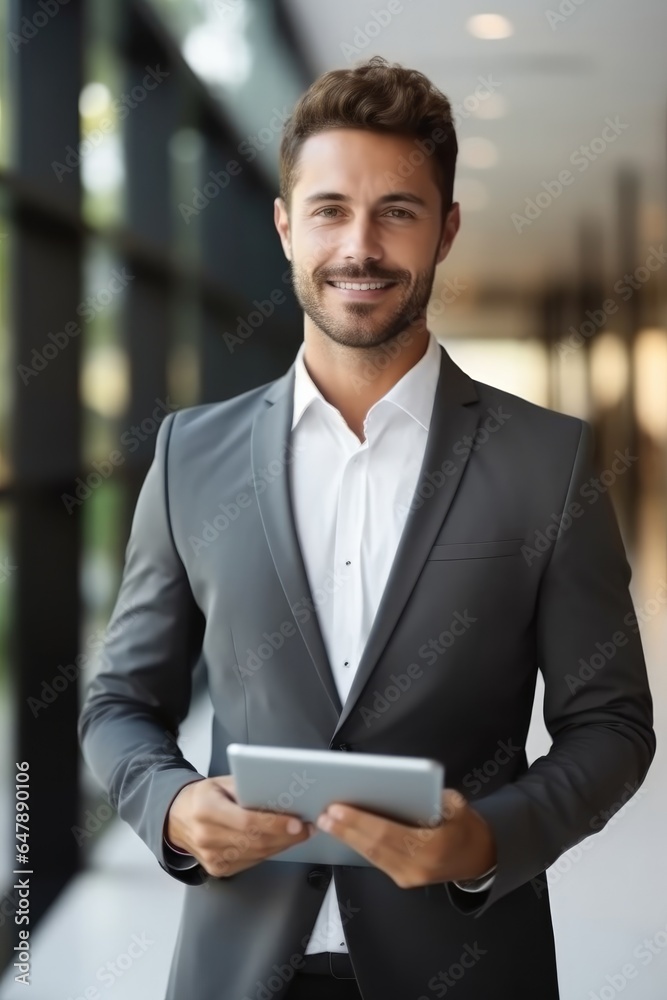 Young businessman holding pad computer in hands at modern office.